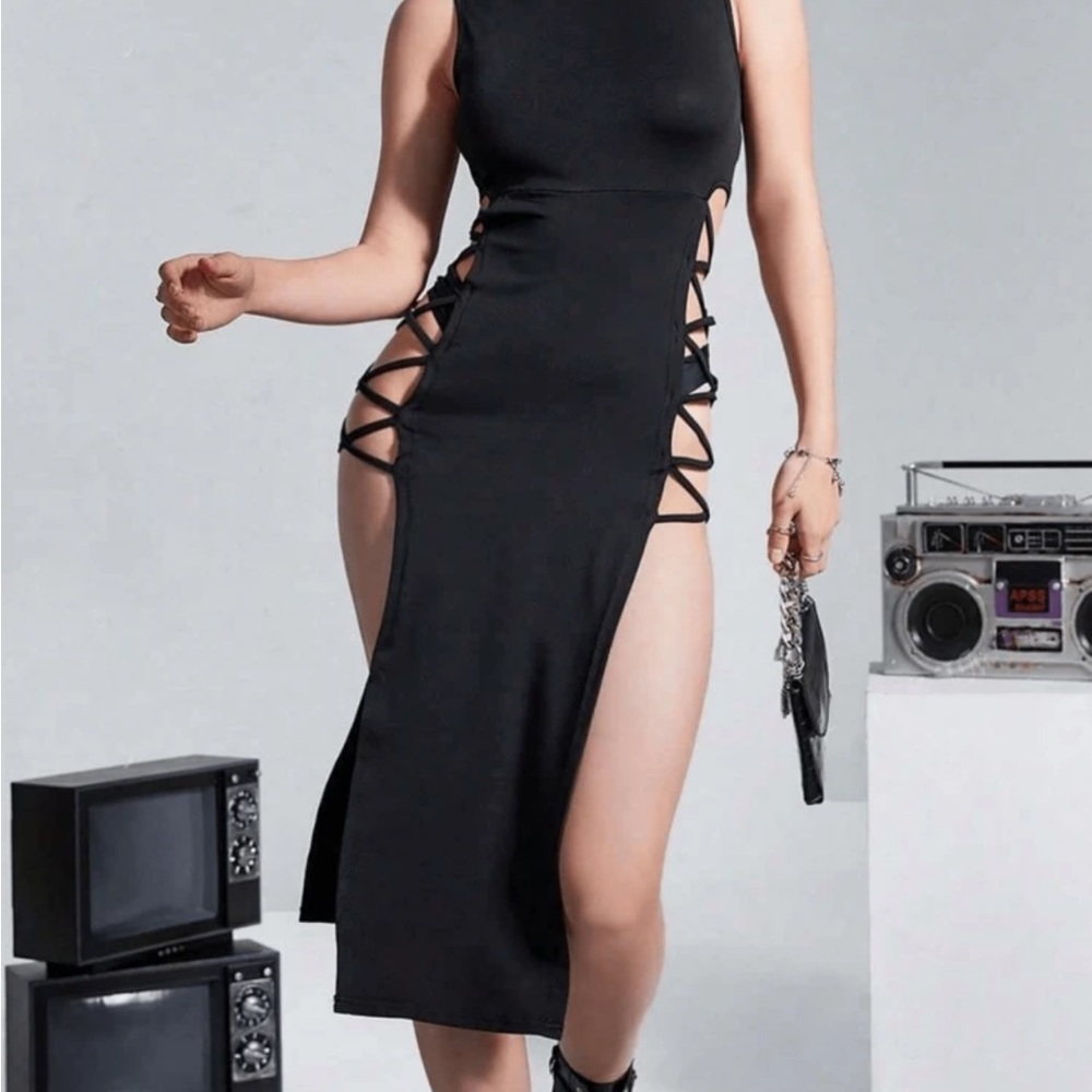 Black High-Low Lace-Up Side Slit Dress